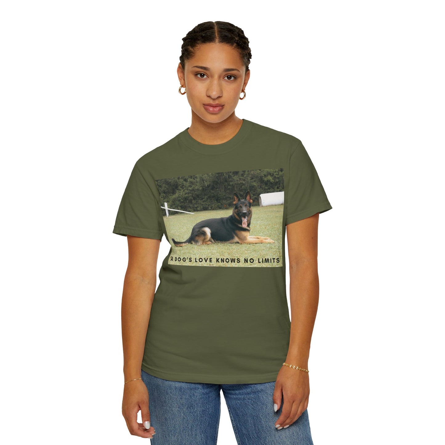 Unisex Dog Lover T-Shirt With a Giant German Shepherd Resting On the Grass Leaving Tongue Out and Text A Dog's Love Knows