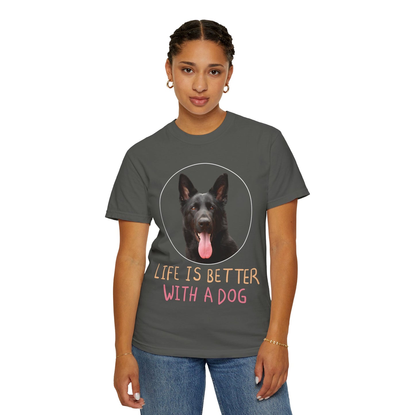 Unisex Dog Lover T-Shirt With Black German Shepherd Leaving Tongue Out and Caption Life is Better With A Dog