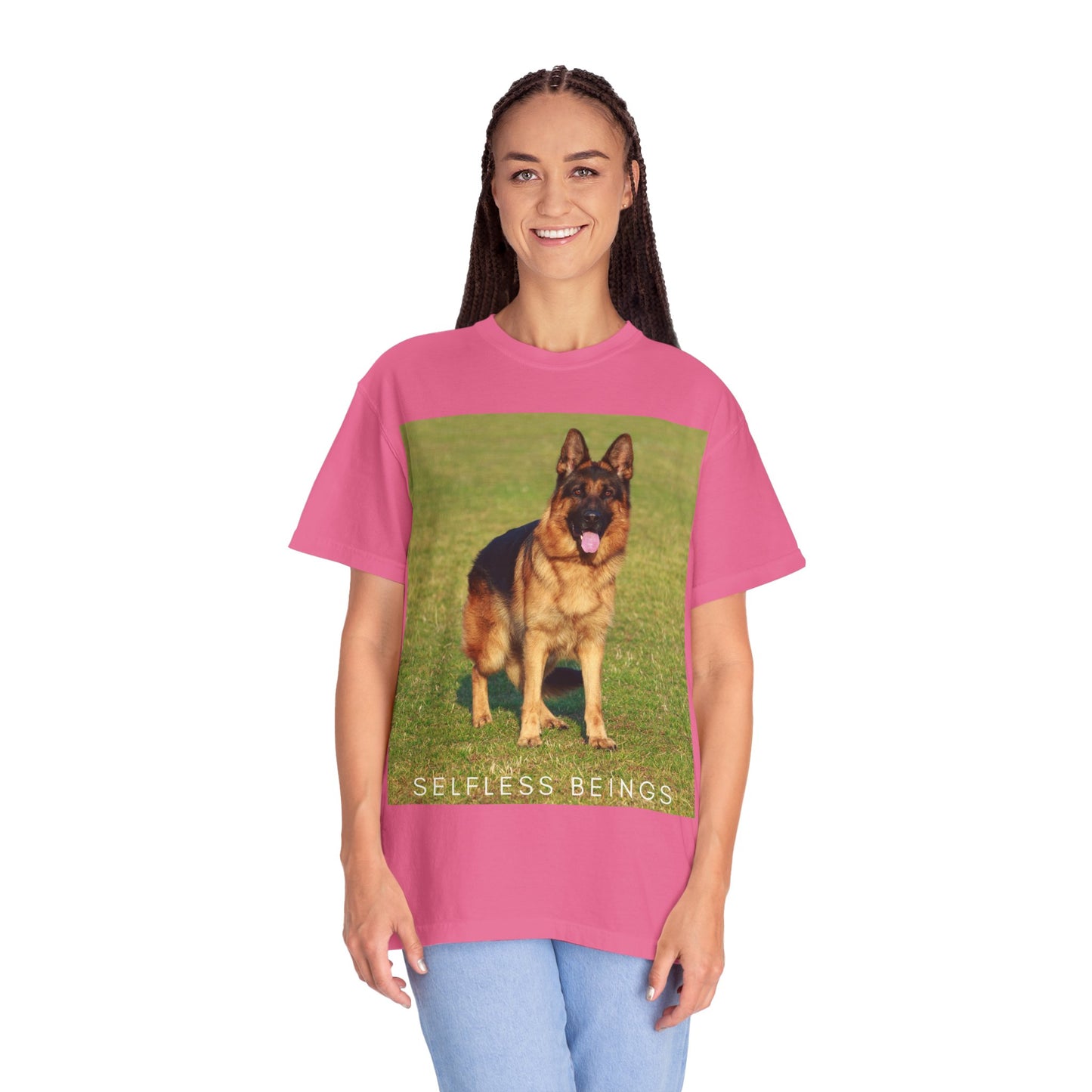 Unisex Dog Lover T-shirt With a German Shepherd on the Sports Grass Field and Caption Selfless Beings