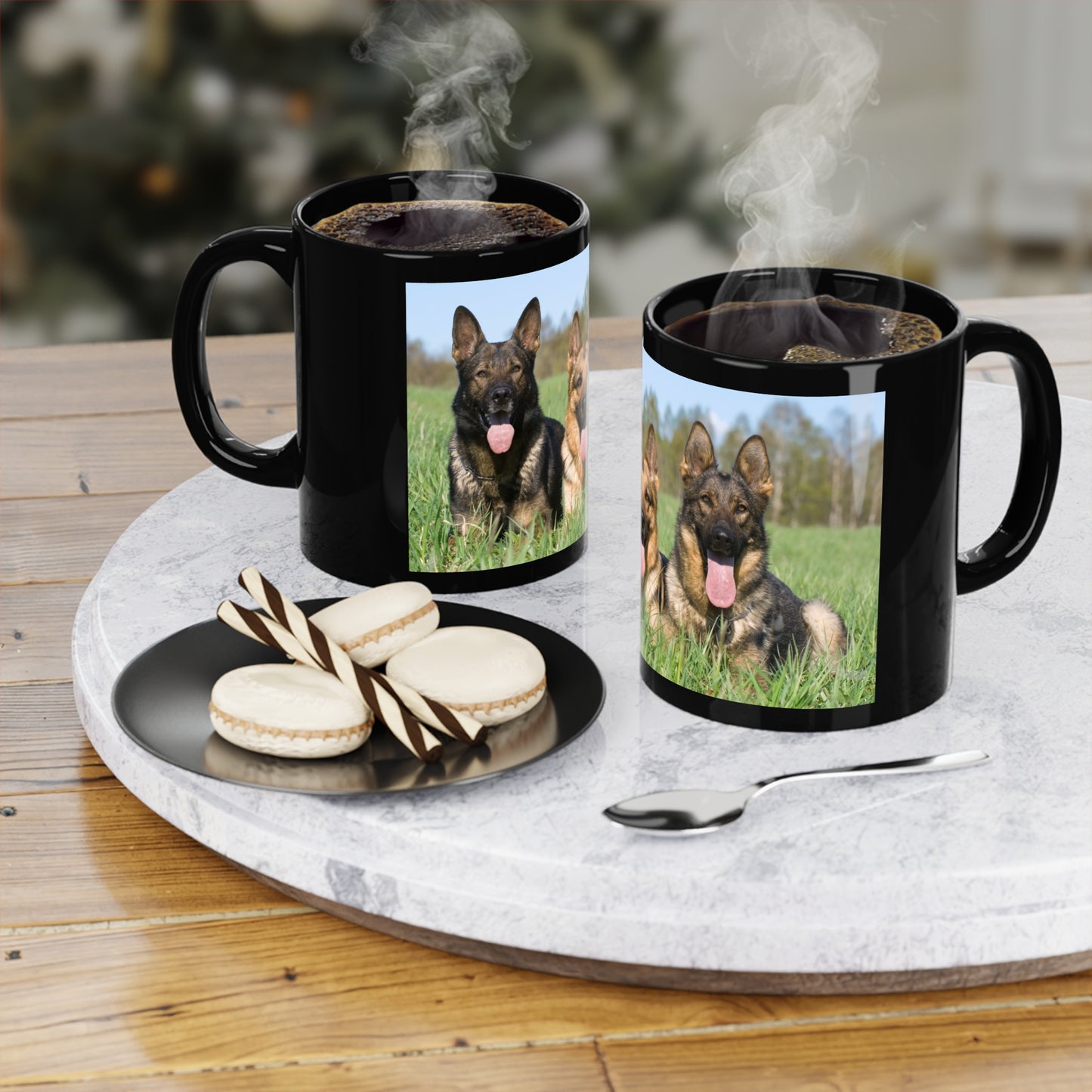 Black Dog Lover Ceramic Coffee Mug 11oz With Three Working Line German Shepherds Sitting On Grass