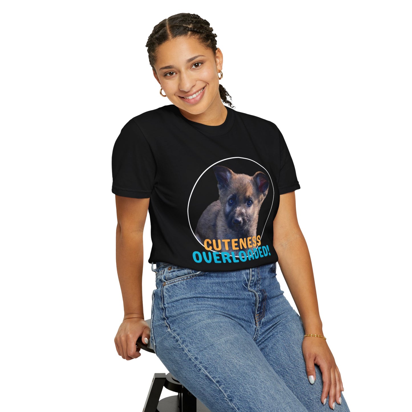 Unisex Dog Lover's T-Shirt With Cute German Shepherd Puppy and Caption Cuteness Overloaded
