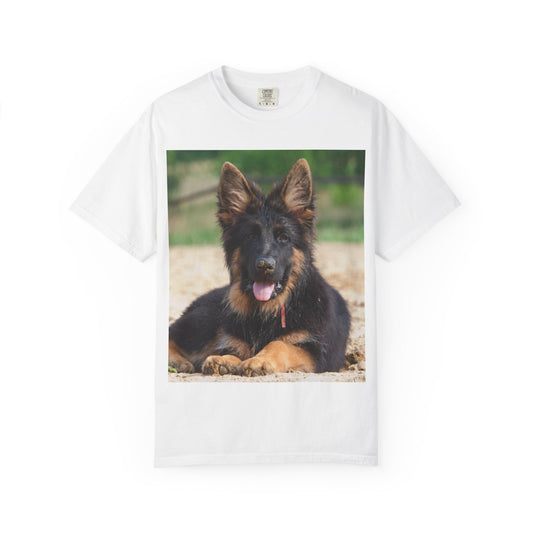 Unisex Dog Lover T-Shirt Featuring Photo of Stunning German Shepherd Puppy Resting on the Sand