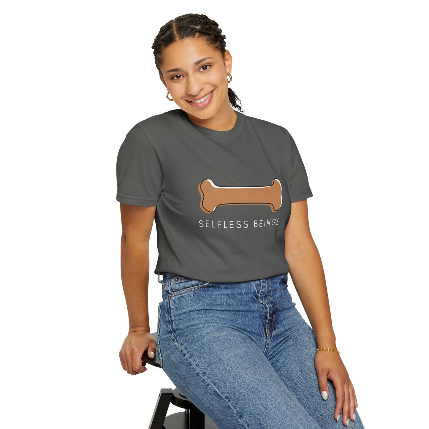 Unisex Dog Lover T-shirt With Graphic of a Dog Bone and Caption Selfless Beings