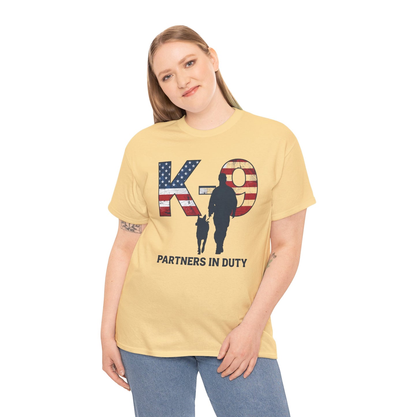 Patriotic K-9 T-Shirt - Partners in Duty Tee | Unisex Heavy Cotton Tee for Dog Lovers, Military Support, Gifts for Dog Handlers
