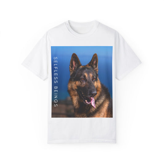 Unisex Dog Lover T-Shirt With Close Up of German Shepherd, Blue Sea in the Background and Caption Selfless Beings