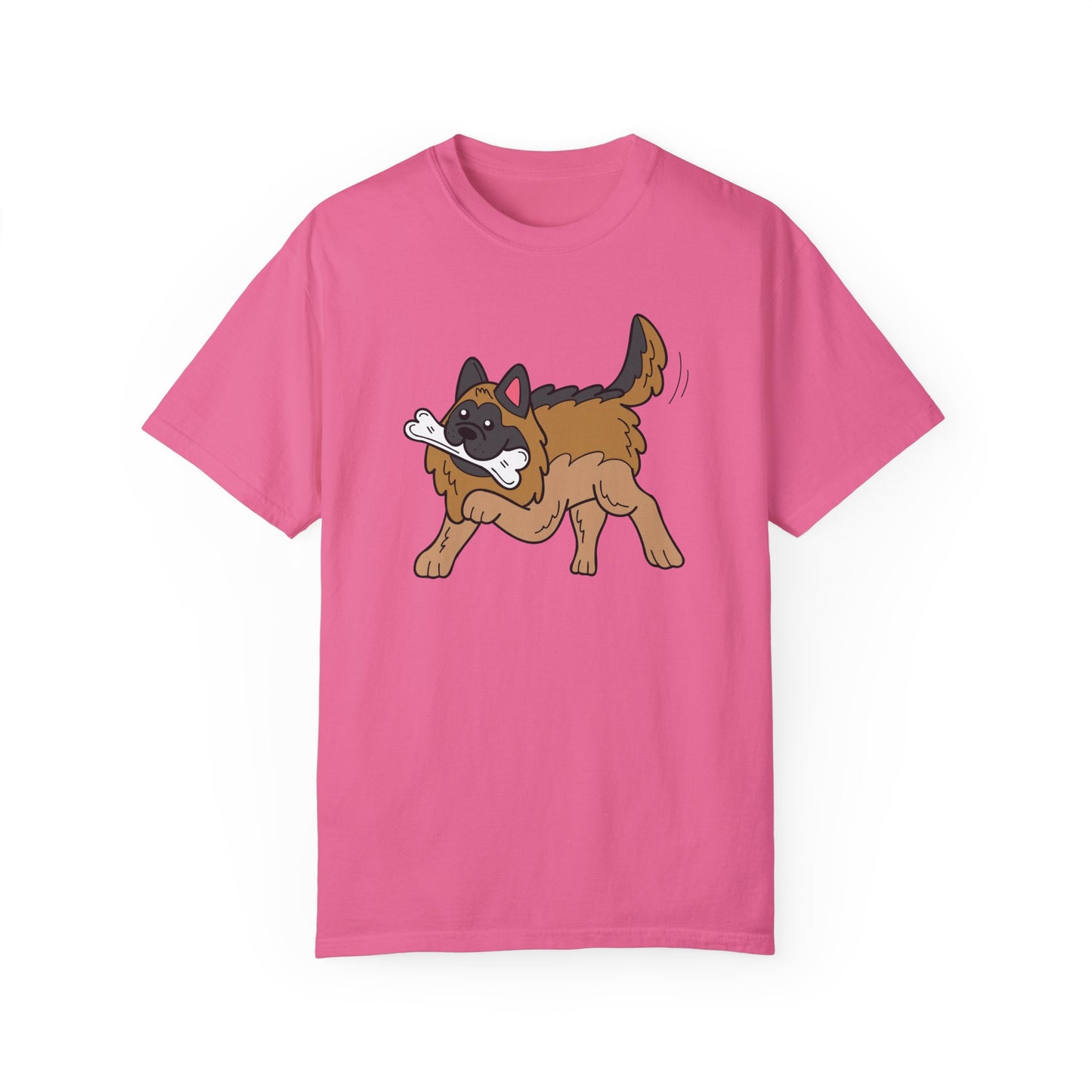 Unisex Dog Lover T-Shirt With a Graphic of a German Shepherd Holding a White Bone in Mouth