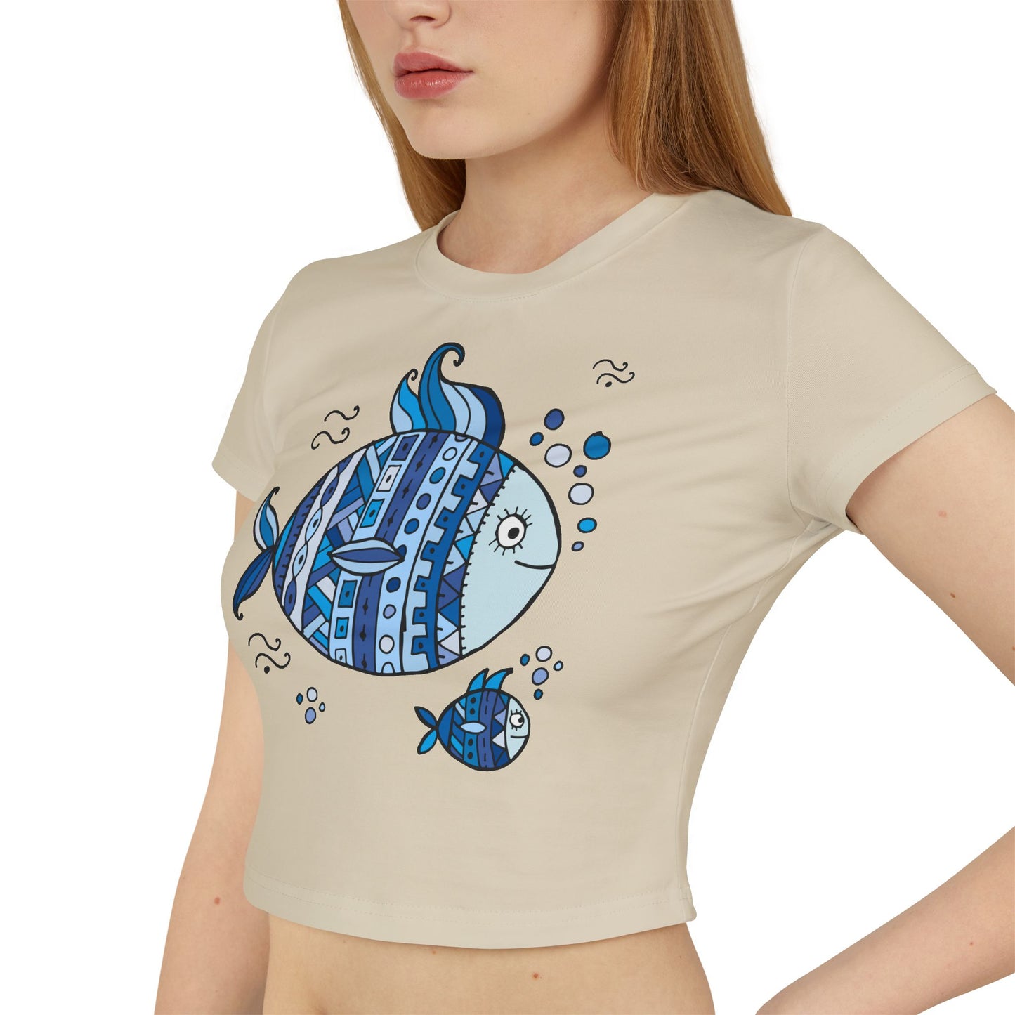 Boho Chic Women's Baby Tee with Blue Fish Design, Cute Summer Top, Fun Gift for Sea Lovers, Aquatic-themed Apparel, Beach Vibes