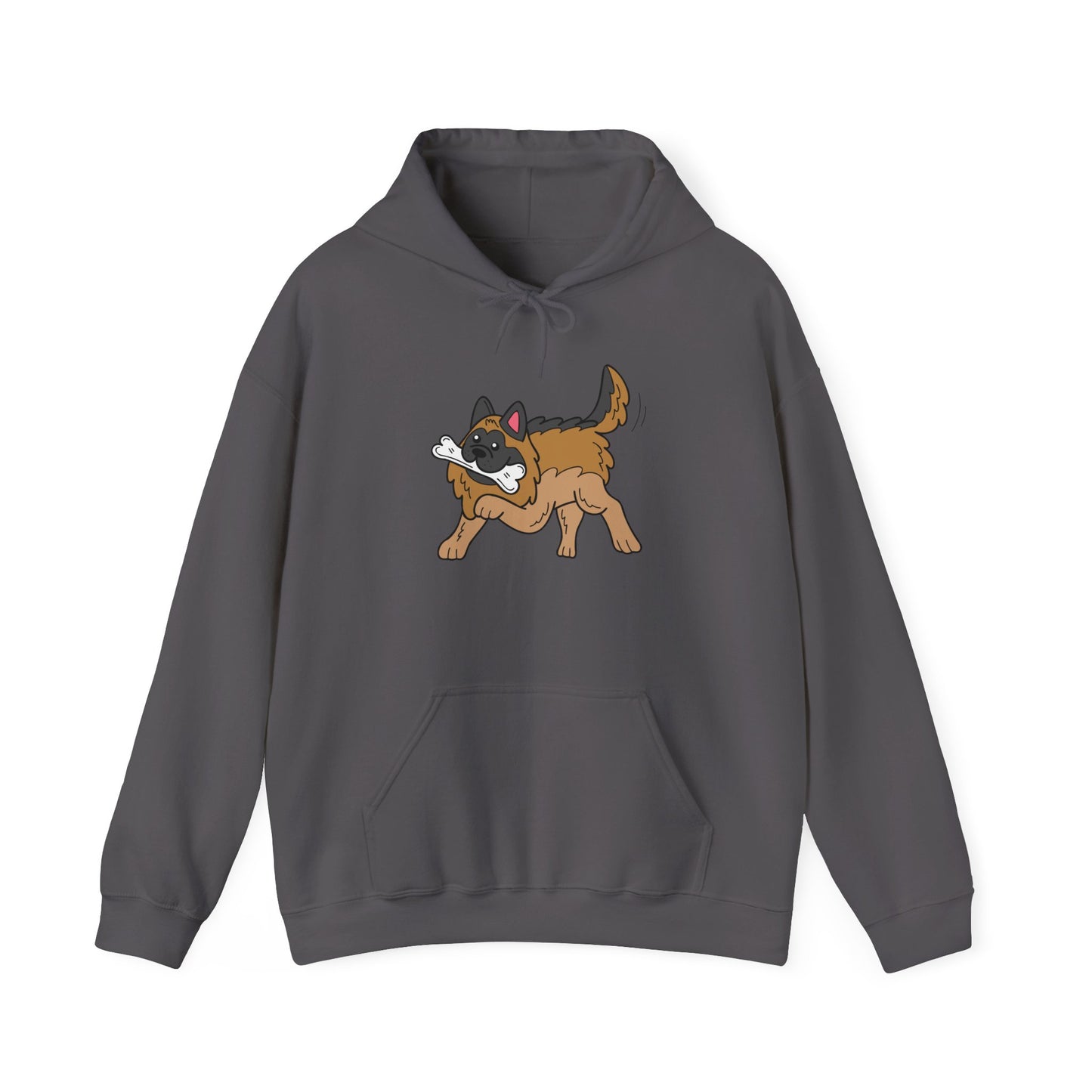 Unisex Dog Lover Hoodie With a Graphic of a German Shepherd Holding a White Bone in Mouth