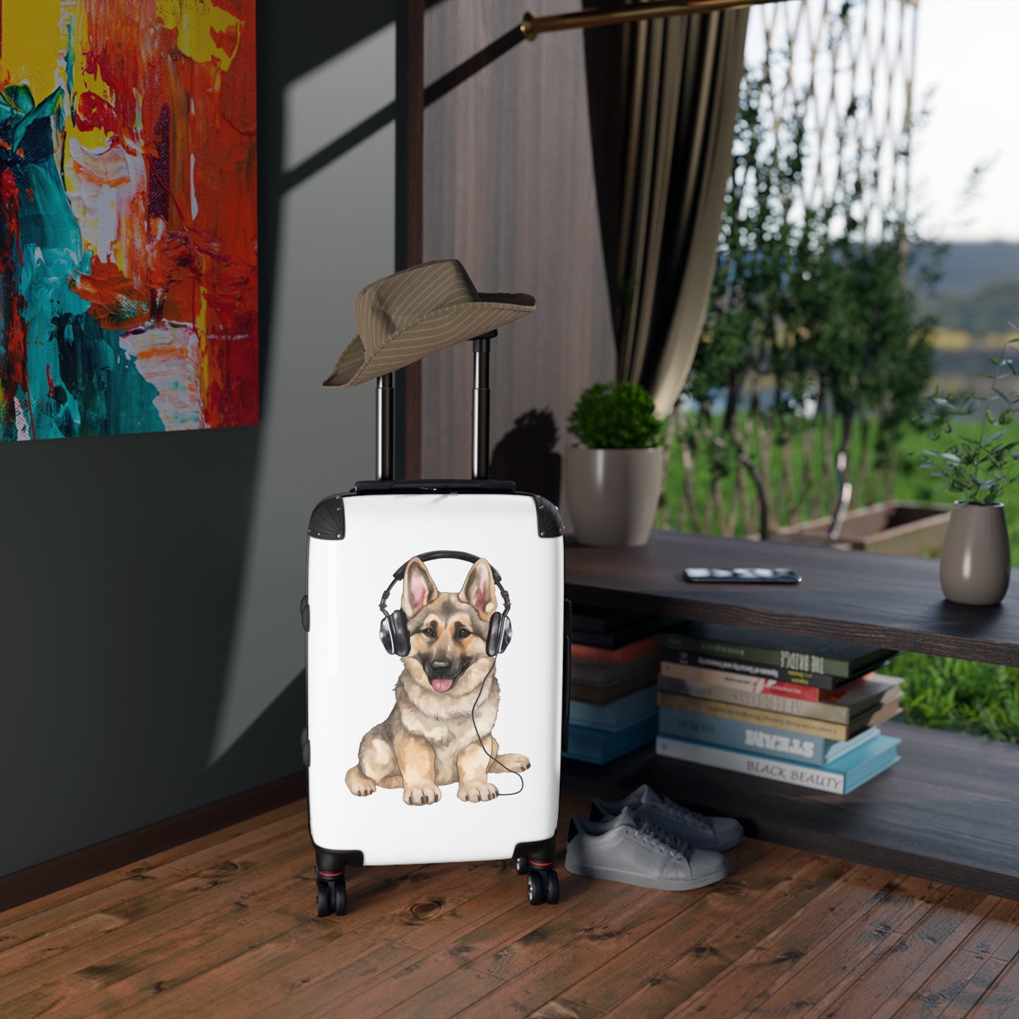 Travel Suitcase Featuring Graphic of German Shepherd Wearing Headphones Enjoying Music
