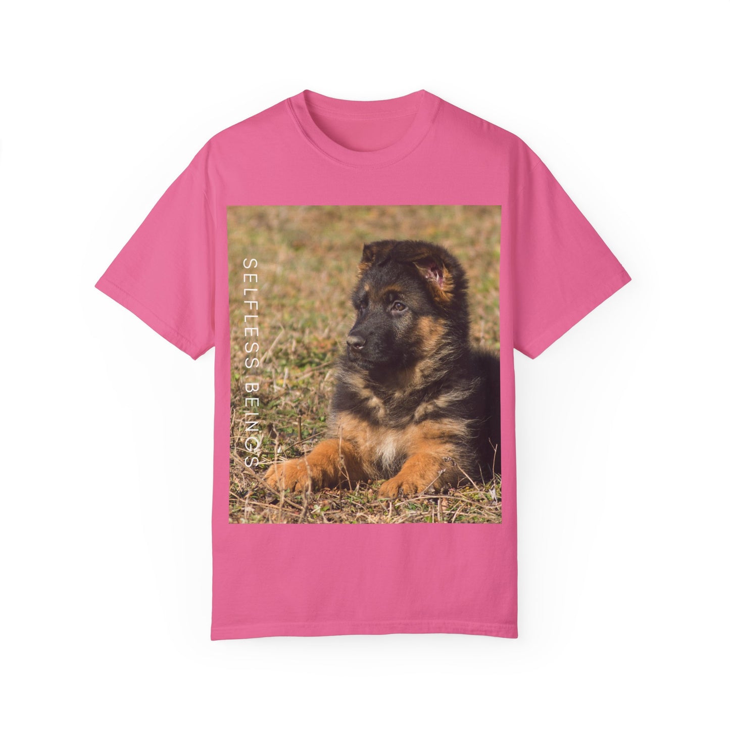 Unisex Dog Lover T-Shirt With Beautiful German Shepherd Puppy Resting On the Grass and Caption Selfless Beings