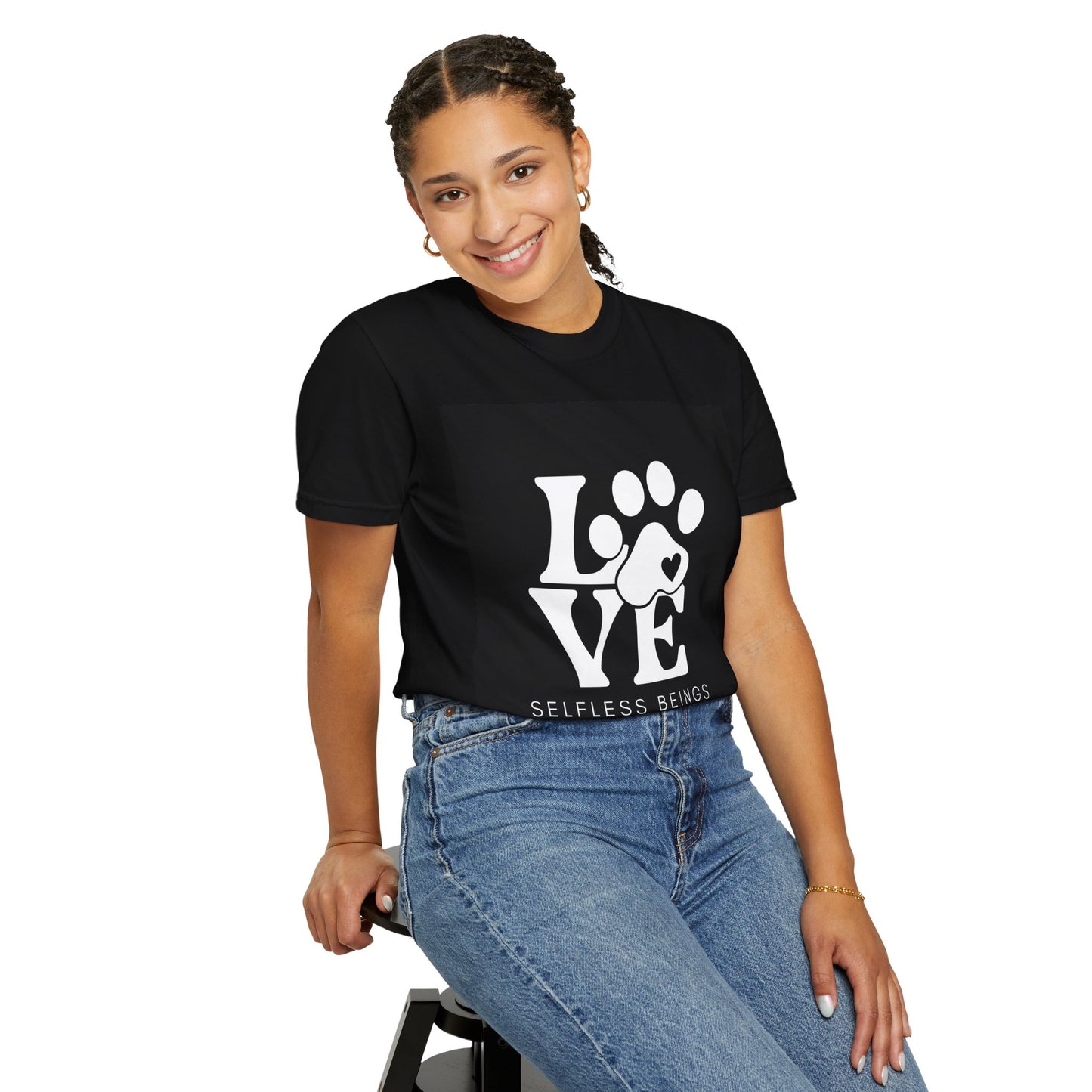 Unisex Dog Lover T-Shirt With Graphic of Love Dog-Paw and Caption Selfless Beings