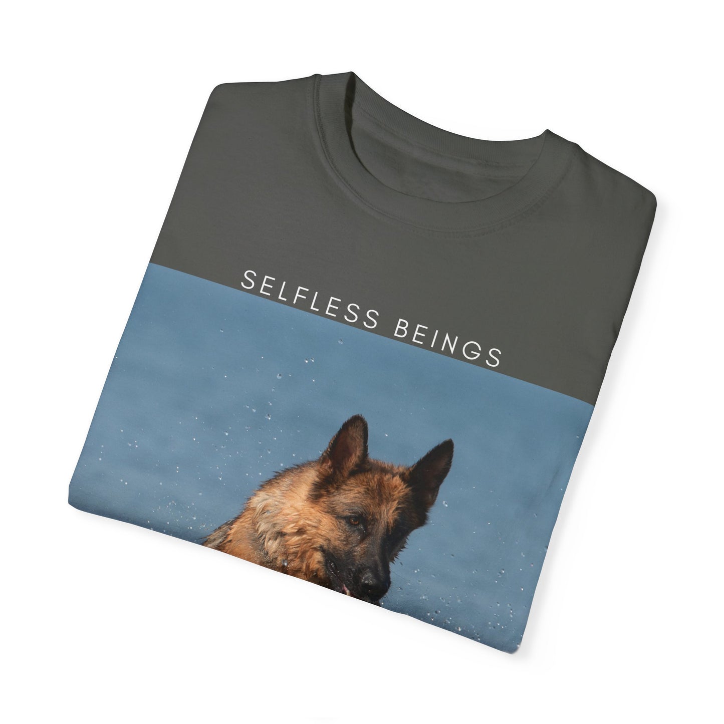 Unisex Dog Lover T-Shirt With Showline German Shepherd Swimming in the Sea and Caption Selfless Beings on Top