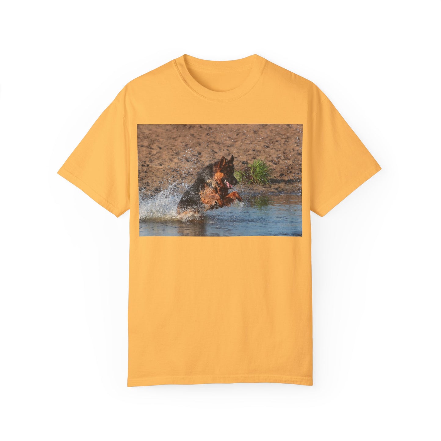 Unisex Dog Lover T-Shirt With Giant German Shepherd Jumps in the River