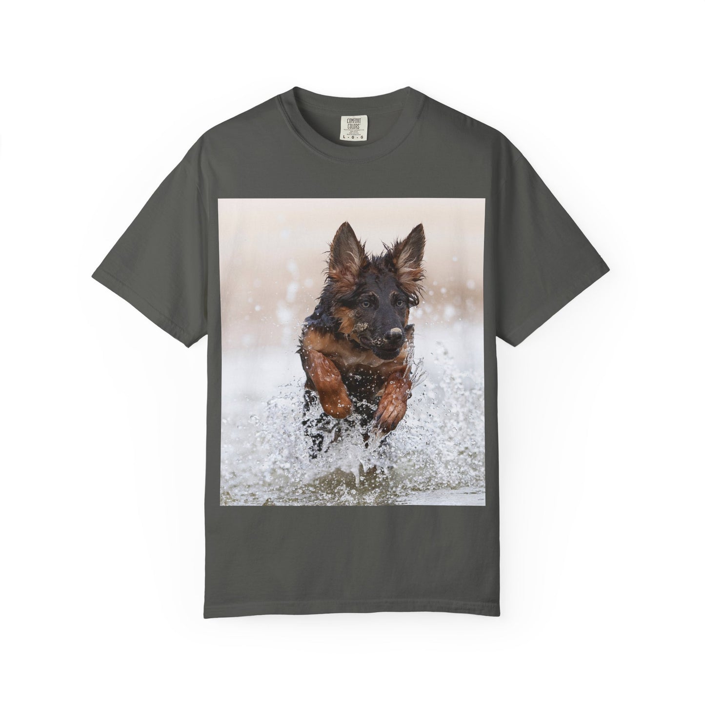 Unisex Dog Lover T-Shirt Featuring a German Shepherd Puppy Jumping In The Water
