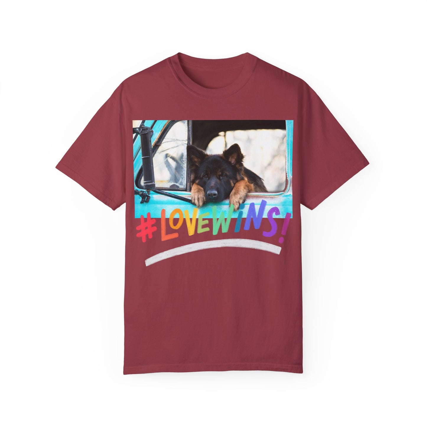 Unisex T-Shirt With German Shepherd Puppy Putting His Head and Front Legs On The Truck Seat's Window and Caption Love Wins