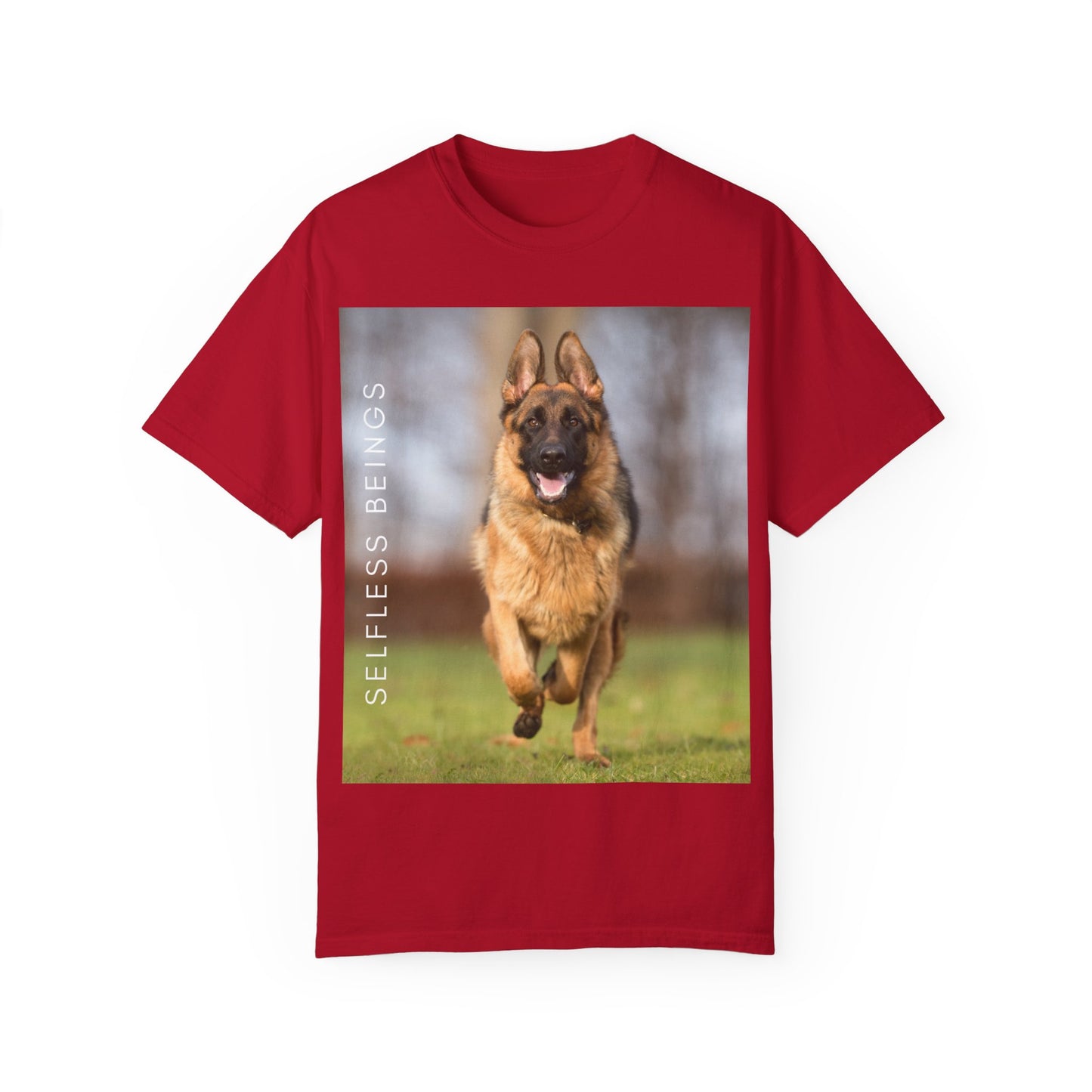 Unisex Dog Lover T-Shirt With Large German Shepherd Running on the Grass and Caption Selfless Beings