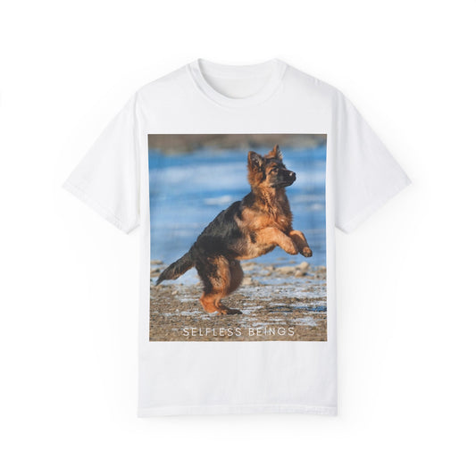 Unisex Dog Lover T-Shirt With Gorgeous German Shepherd Puppy Standing on Back Legs at Seashore and Caption Selfless Beings
