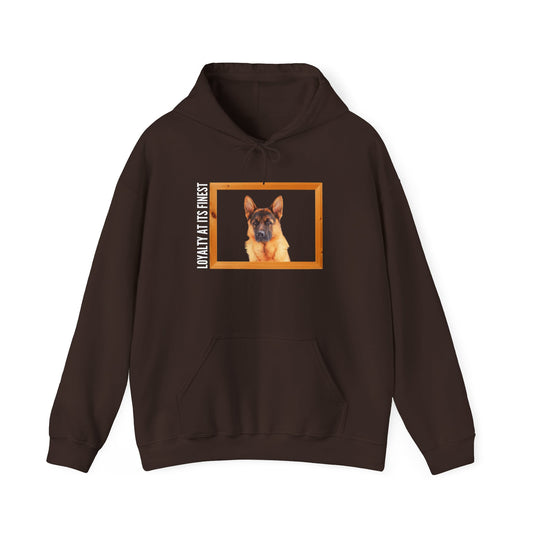 Unisex Dog Lover Hoodie With a German Shepherd's Head Inside a Wooden Frame and Caption Loyalty at its Finest