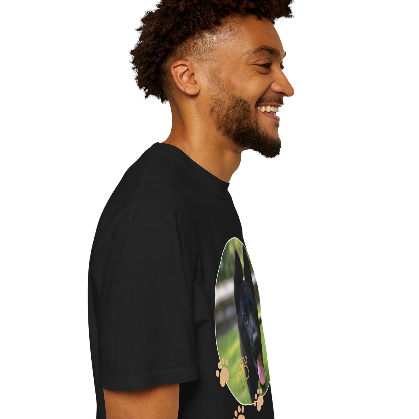 Unisex Dog Lover T-Shirt With Black German Shepherd Puppy Walking on Grass Leaving Tongue Out and Paw Icons