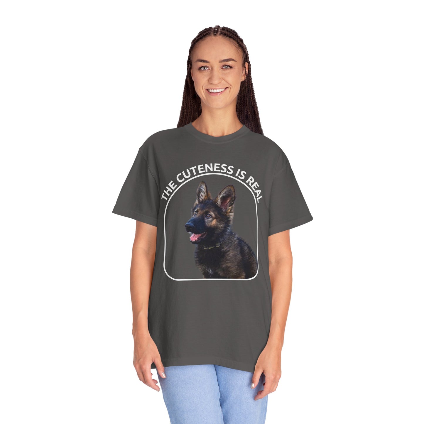 Unisex Dog Lover's T-Shirt With German Shepherd Puppy Sloppily Sitting and Caption The Cuteness Is Real