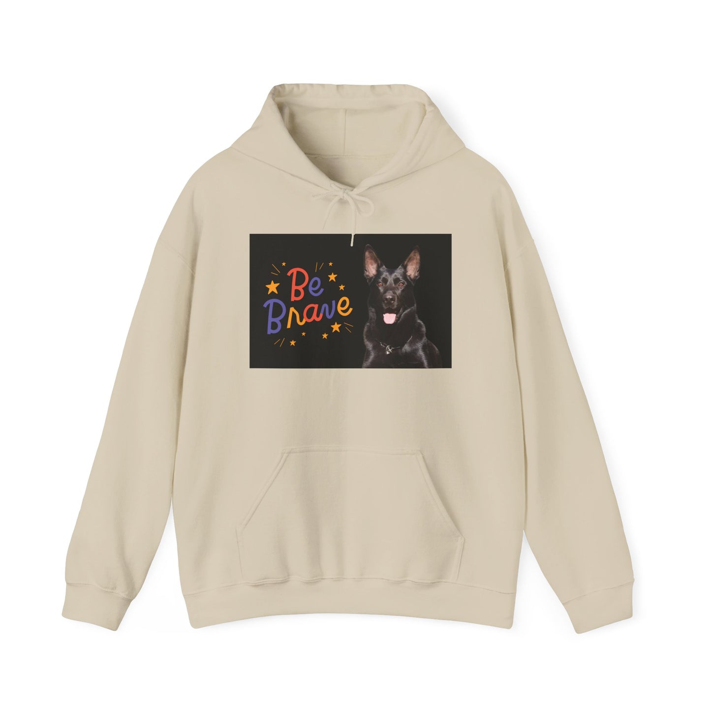 A Unisex Dog Lover Hoodie With Close Up of Solid Black German Shepherd and Caption Be Brave