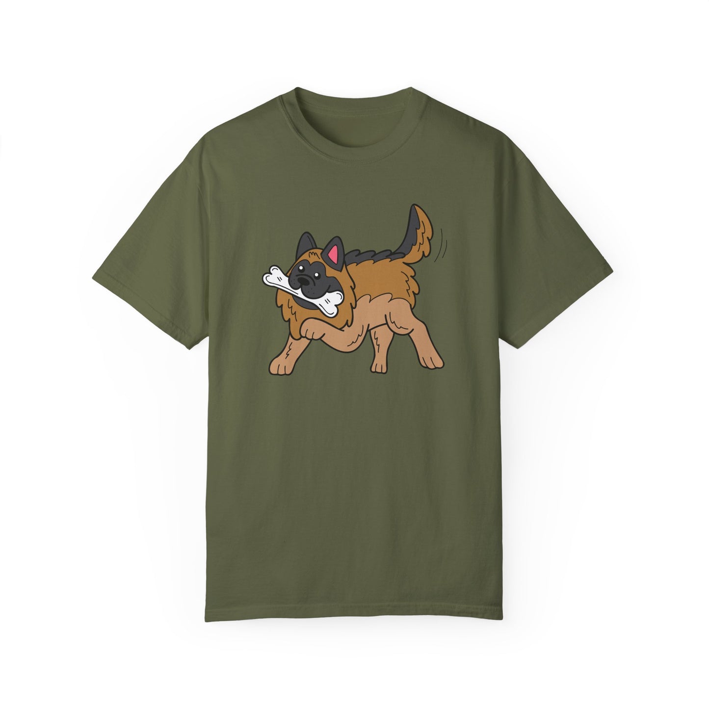 Unisex Dog Lover T-Shirt With a Graphic of a German Shepherd Holding a White Bone in Mouth