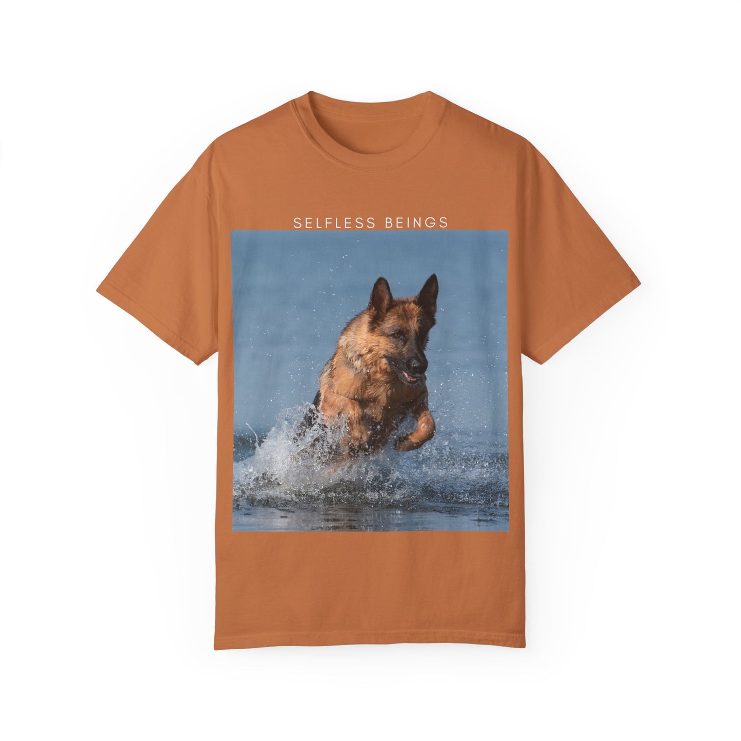 Unisex Dog Lover T-Shirt With Showline German Shepherd Swimming in the Sea and Caption Selfless Beings on Top