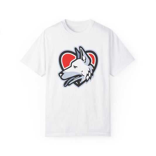 Unisex Dog Lover T-Shirt With a Close Up Graphic of German Shepherd Placed Inside Red Heart