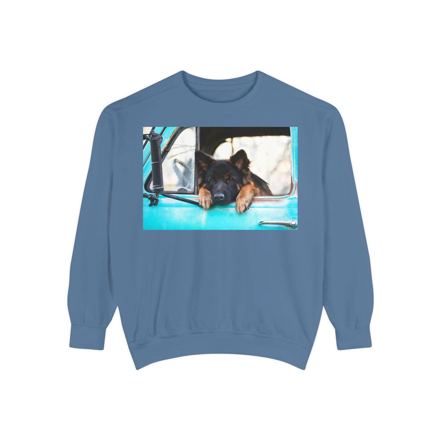 Unisex Dog Lover Sweatshirt With a German Shepherd Puppy Putting His Head and Front Legs On The Truck Seat's Window