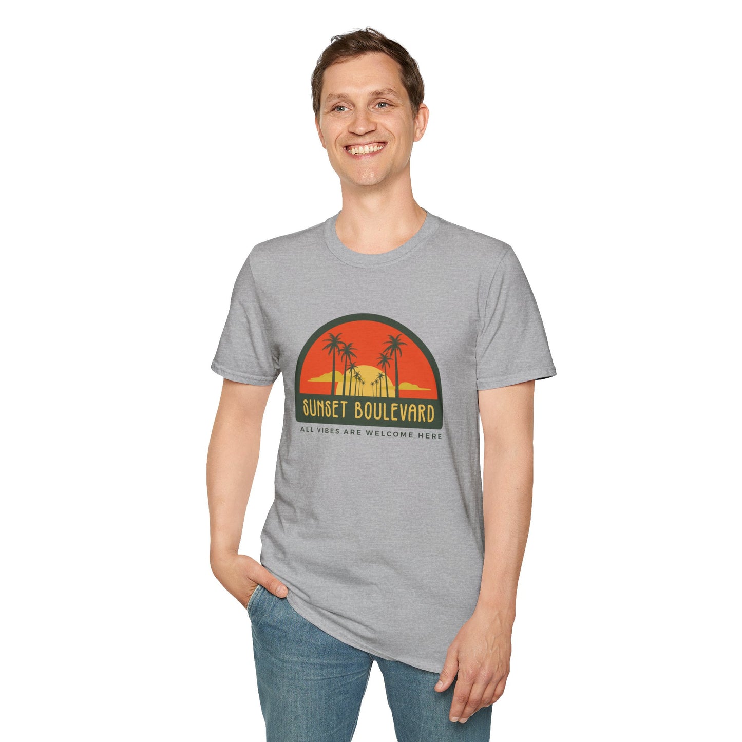 Sunset Boulevard Unisex Softstyle T-Shirt, Retro Beach Tee, Vacation Shirt, Summer Apparel, Travel Gift