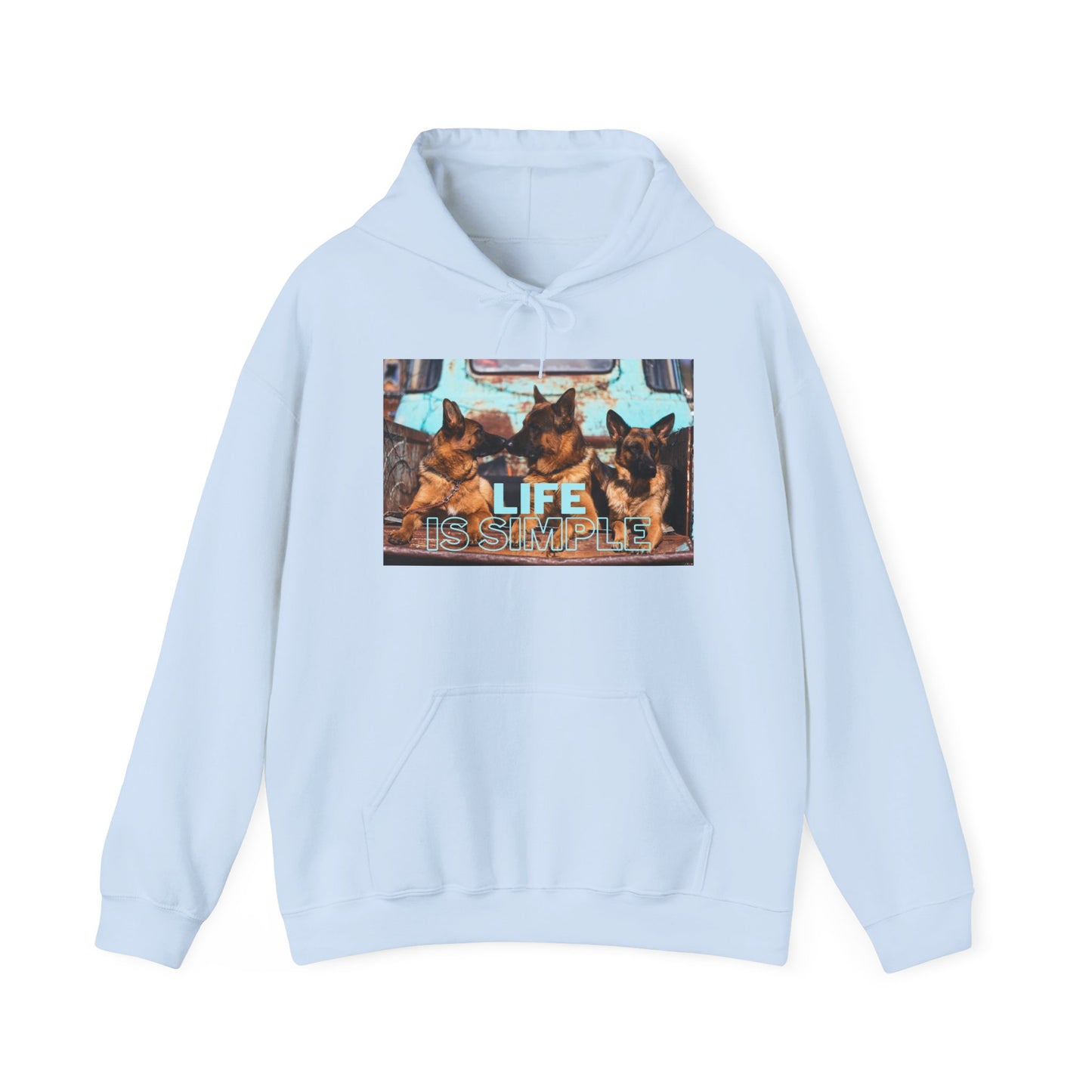 Unisex Dog Lover Hoodie With Three German Shepherds Sitting on the Truck's Cargo Bed and Caption Life is Simple