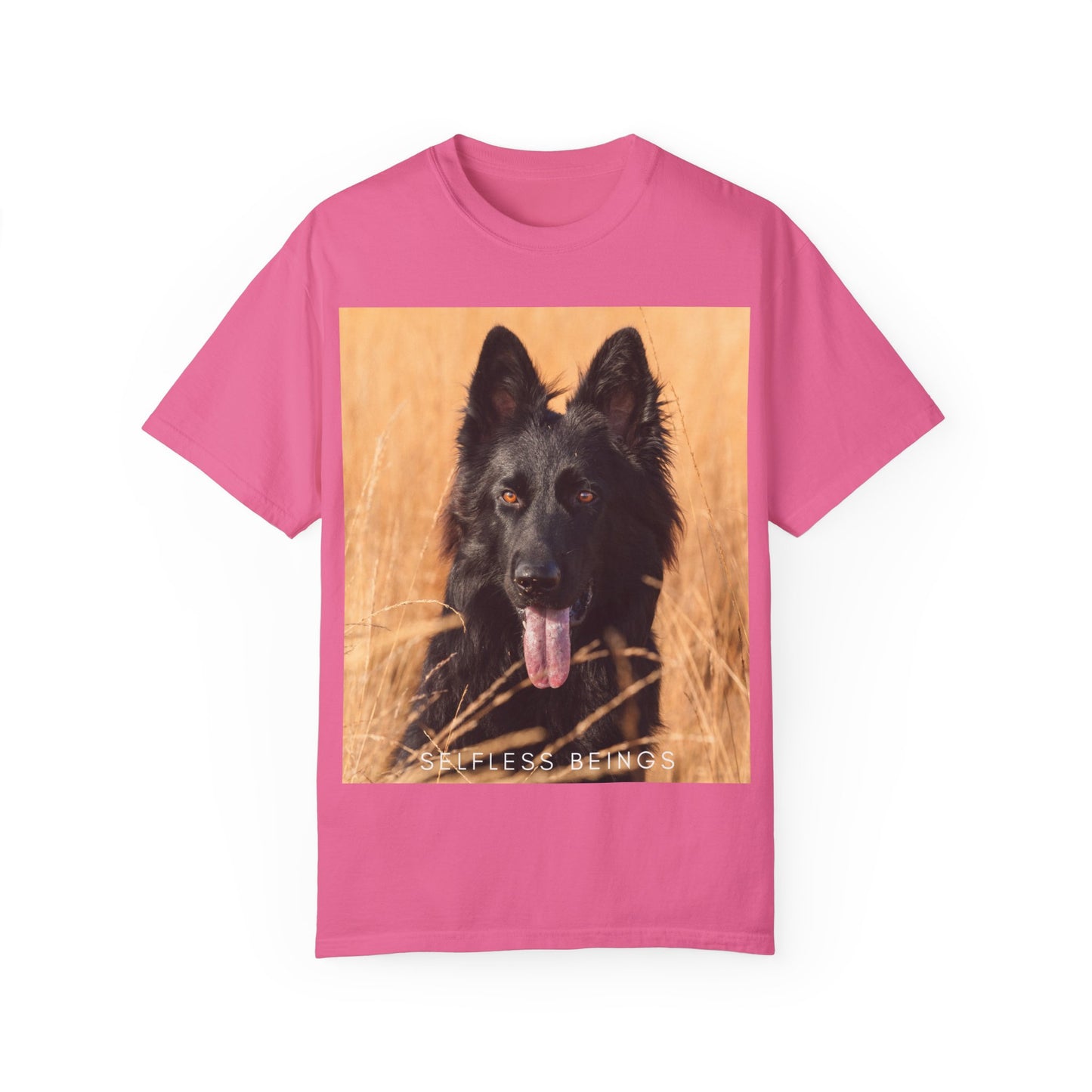 Unisex Dog Lover T-Shirt With Solid Black German Shepherd in the Middle of Long Dry Grass Leaving Tongue and Caption Selfless Beings
