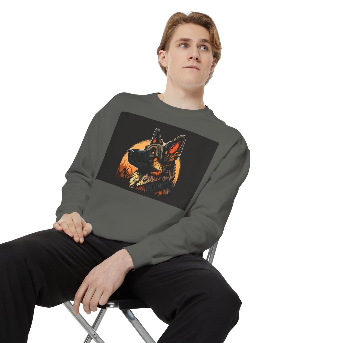 Unisex Dog Lover Sweatshirt With a Close Up Graphic of a German Shepherd In Front of Moon