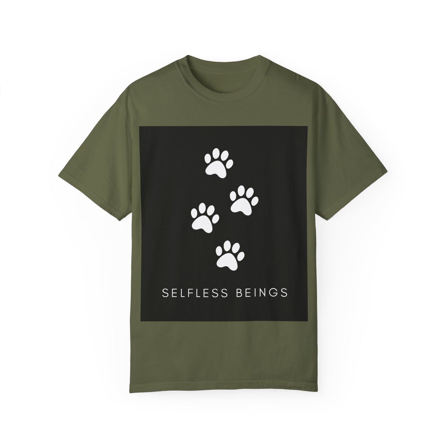 Unisex Dog Lover T-Shirt With 4 White Paw Prints and Caption Selfless Beings