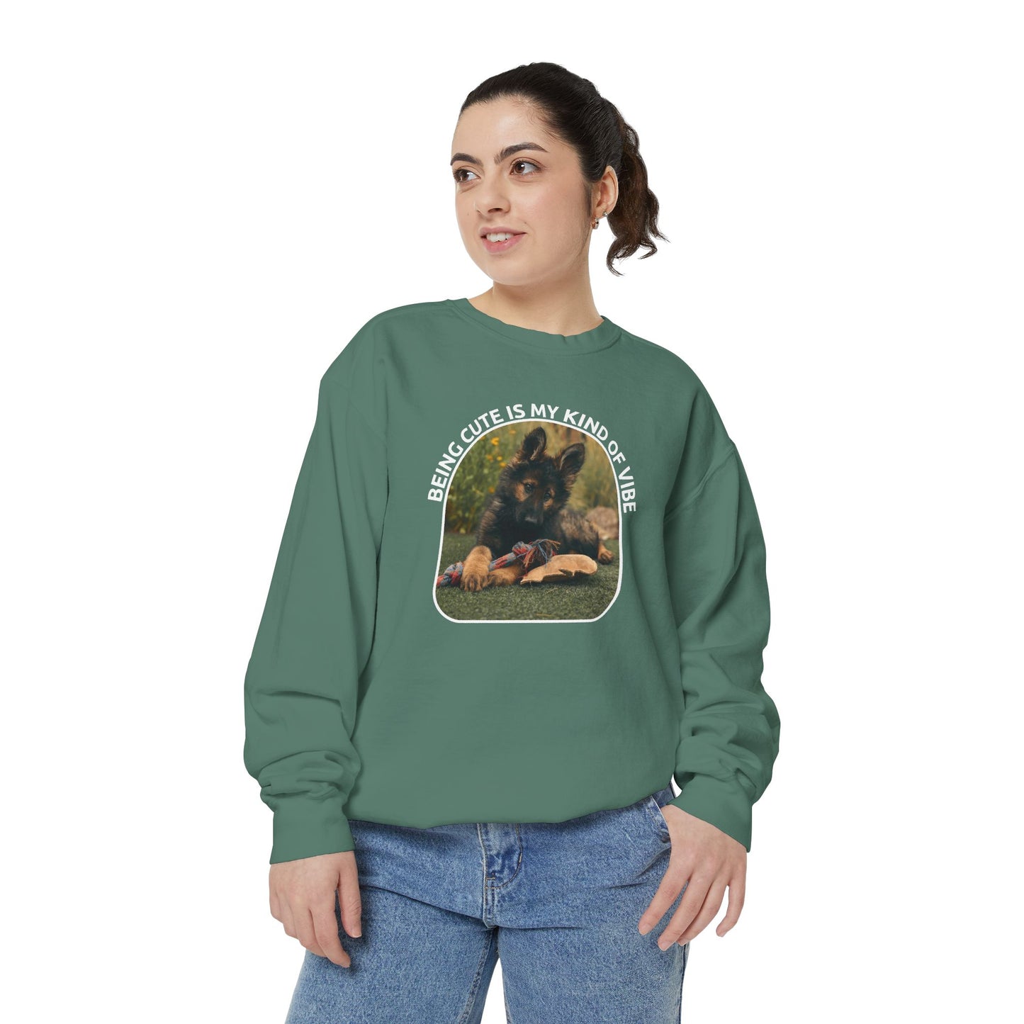 Unisex Dog Lover Sweatshirt With a German Shepherd Puppy and Caption Being Cute is My Kind of Vibe