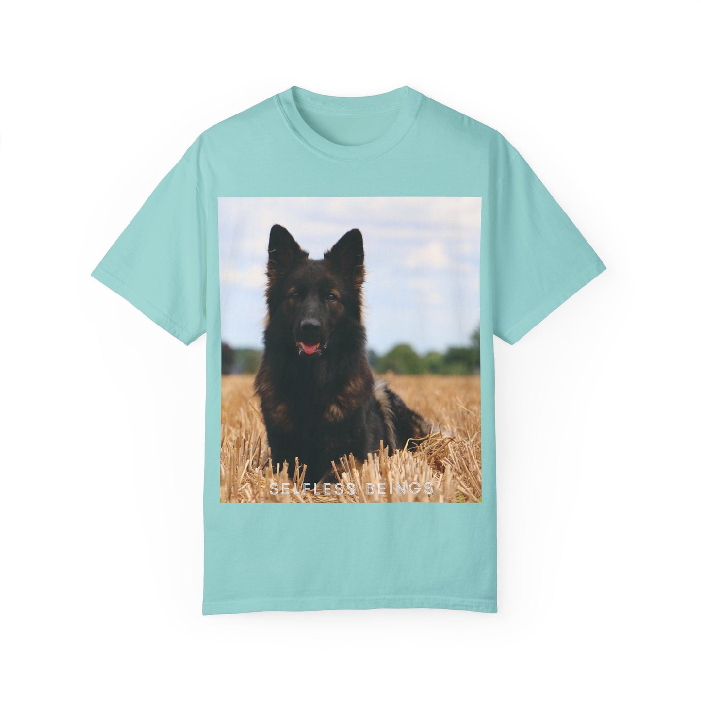 Unisex Dog Lover T-Shirt With Beautiful German Shepherd Sitting Over a Stover and Caption Selfless Beings
