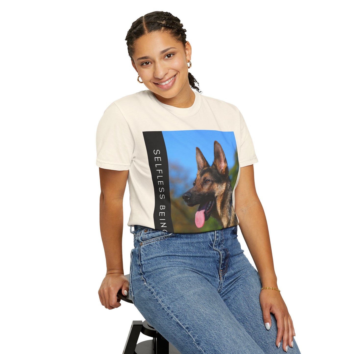 Unisex Dog Lover T-Shirt With a Portrait of a German Shepherd Over Nature Background and Caption Selfless Beings