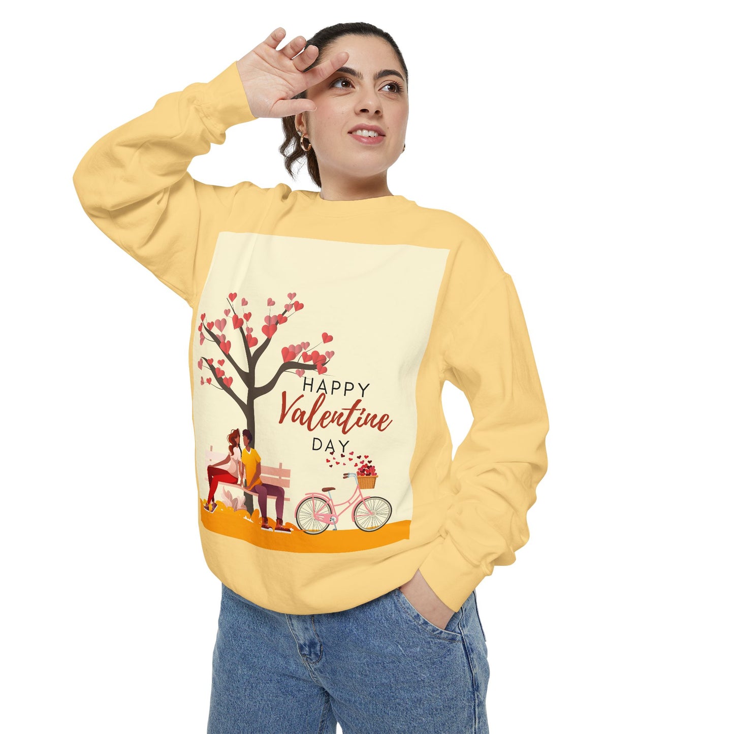 Unisex Valentine's Day Sweatshirt With Art Showing Couple Sitting on a Bench Under the Tree and Caption Happy Valentine's Day