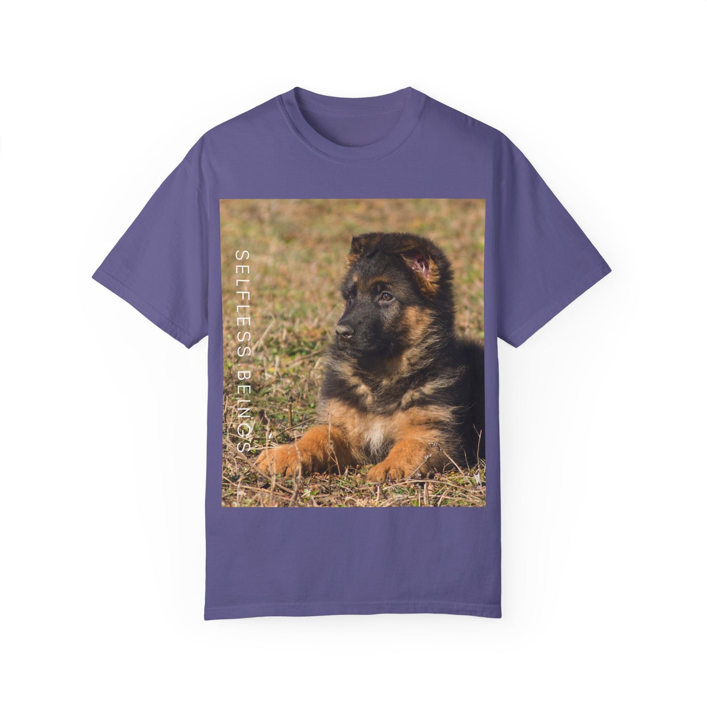 Unisex Dog Lover T-Shirt With Beautiful German Shepherd Puppy Resting On the Grass and Caption Selfless Beings