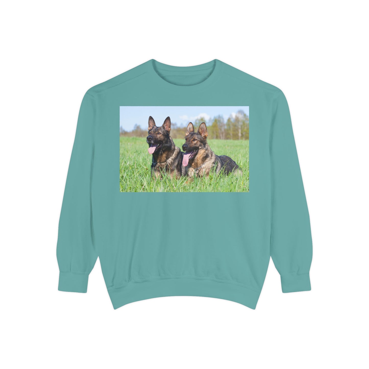 Unisex Dog Lover Sweatshirt With Two Giant German Shepherds Lying on the Grass With Tongues Out