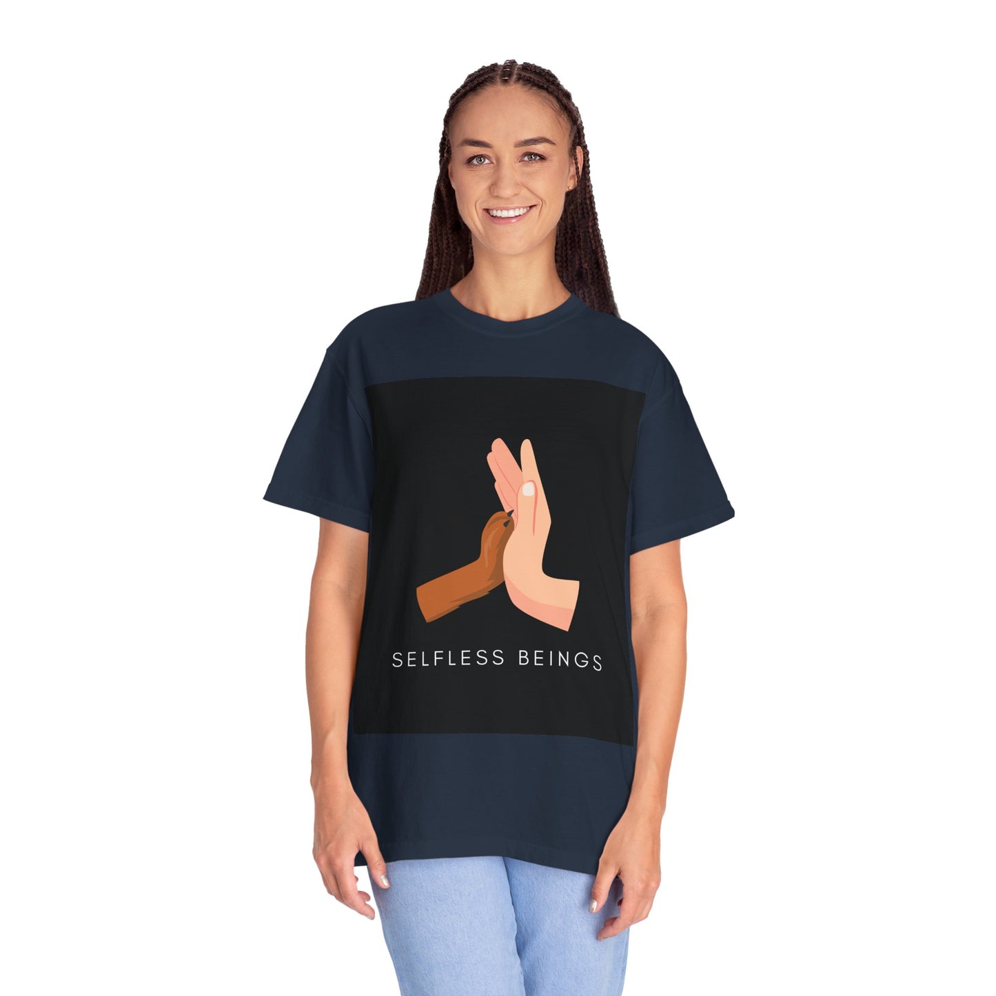 Unisex Dog Lover T-Shirt With Graphic of Human Hand Touching Dog's Paw and Selfless Beings Caption Below
