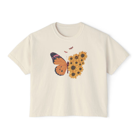 Butterfly & Sunflower Women's Boxy Tee, Vintage Style Tee, Graphic Tee for Nature Lovers, Spring Fashion, Gift for Her