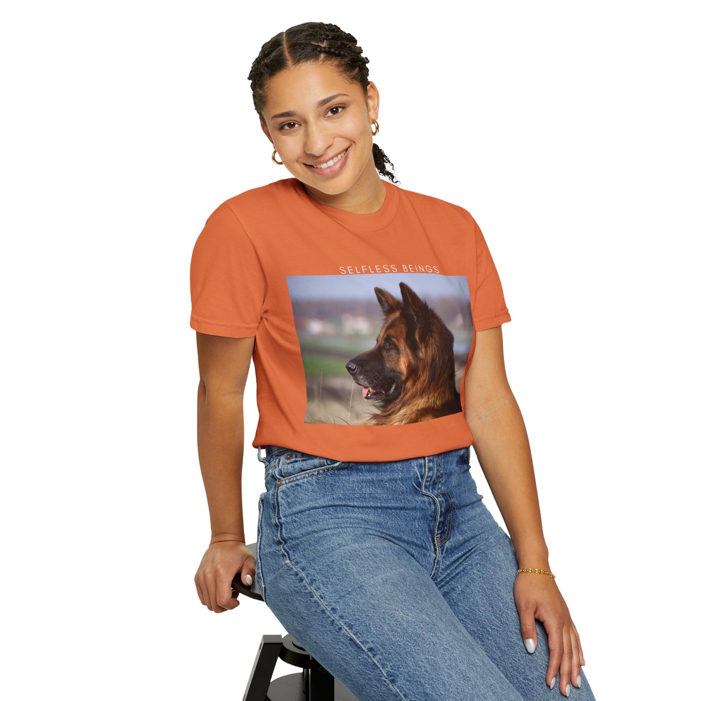 Unisex Dog Lover T-Shirt With Giant Long Coat German Shepherd Looking Straight and Caption Selfless Beings