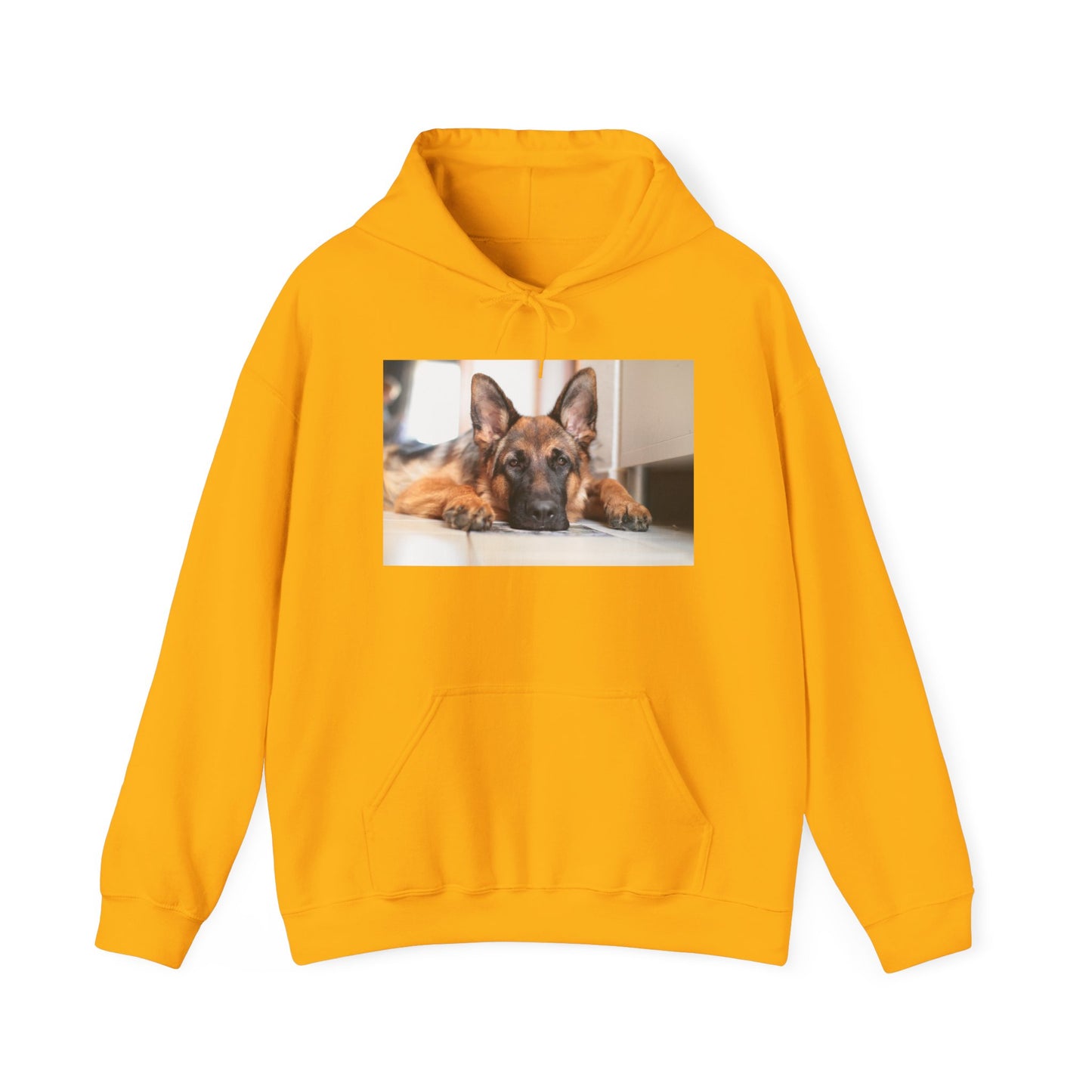 A Unisex Hoodie With a German Shepherd Lying His Head on the Floor