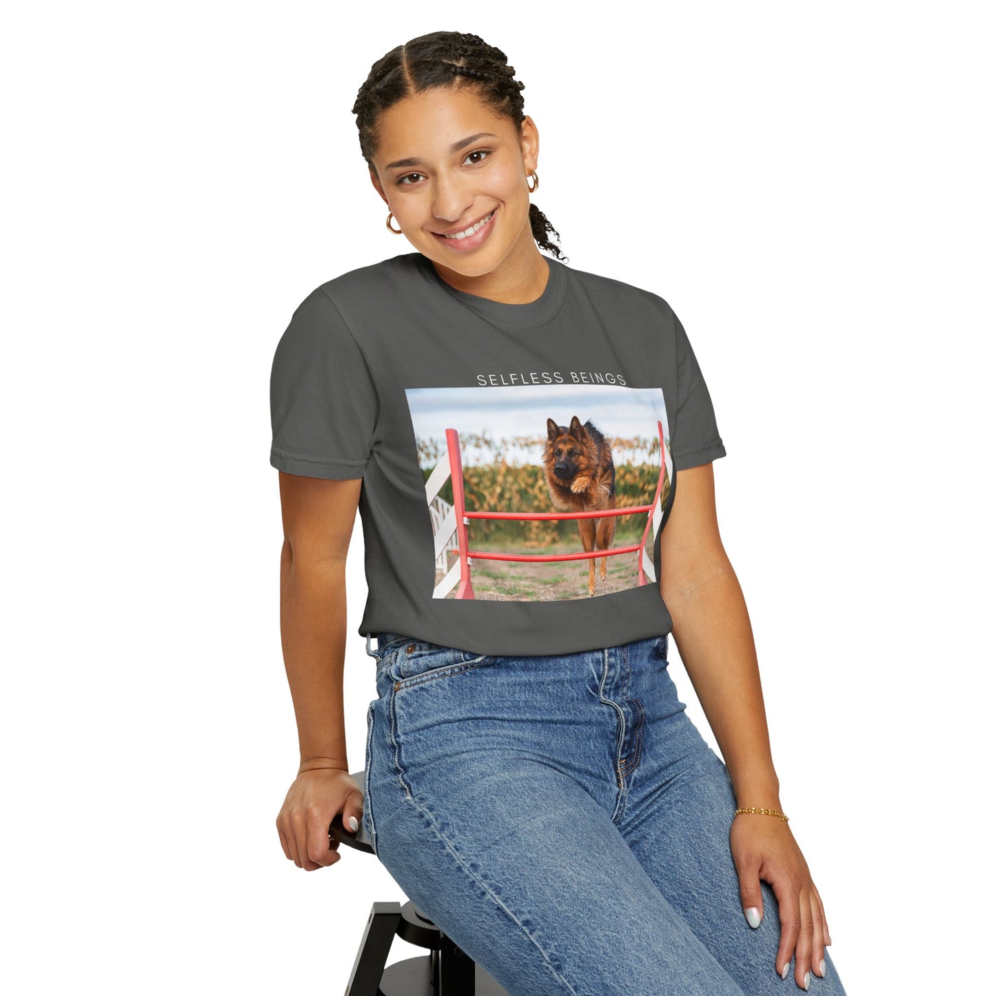 Unisex Dog Lover T-Shirt With a German Shepherd Jumping an Agility Fence Outdoor and Caption Selfless Beings