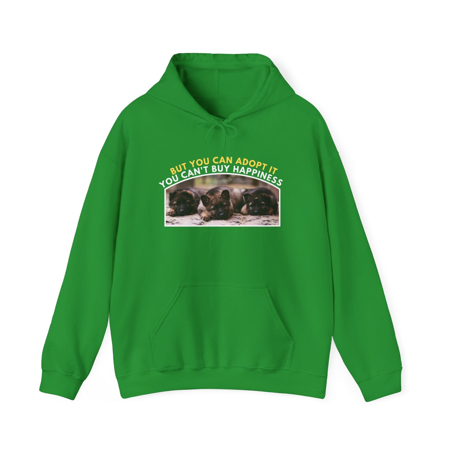 Unisex Dog Lover Hoodie With Three Cute German Shepherd Puppies Sitting in a Row and Caption You Can't Buy Happiness But You Can Adopt It