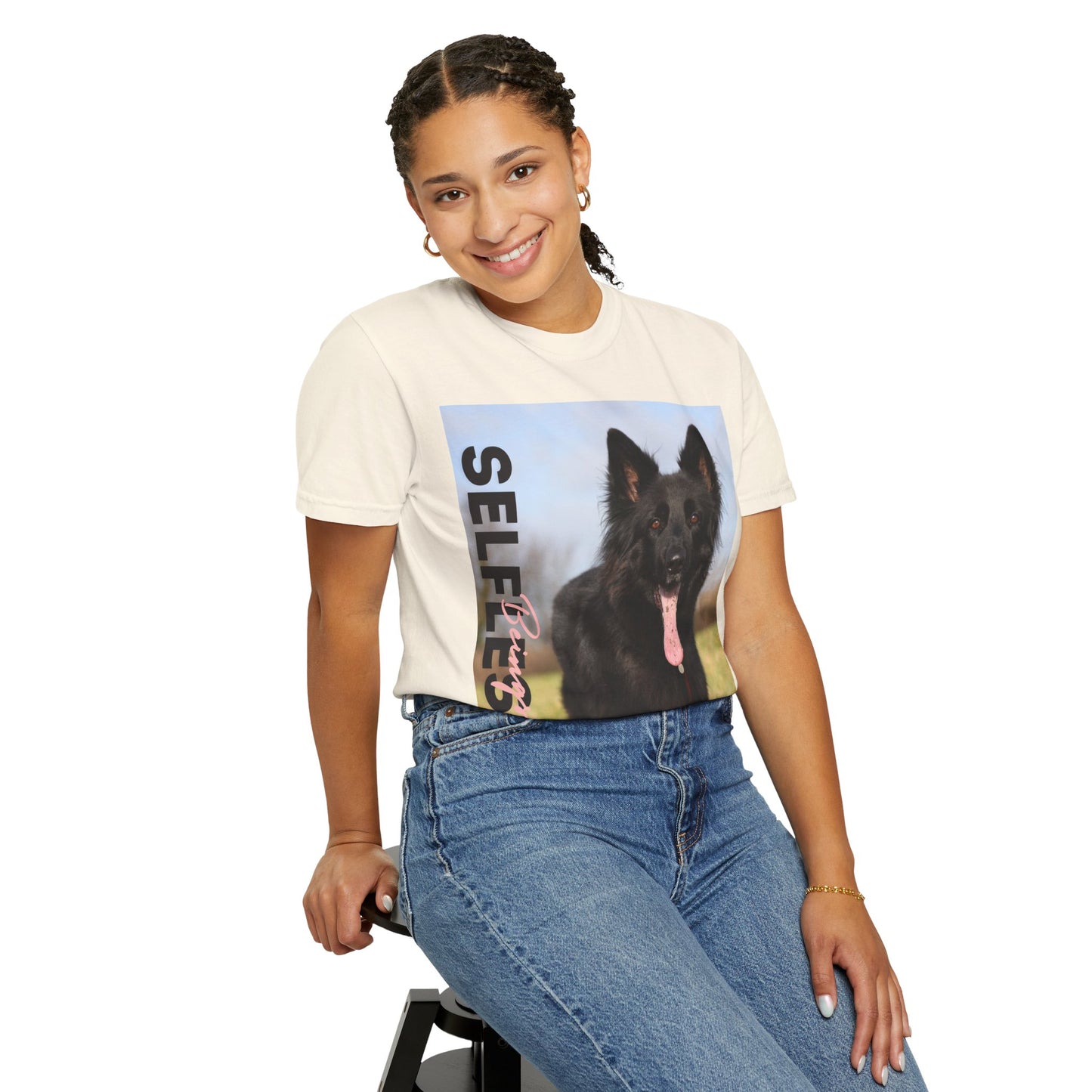 Unisex Dog Lover T-Shirt With Black German Shepherd in the Open Field Leaving Tongue Out and Caption Selfless Beings