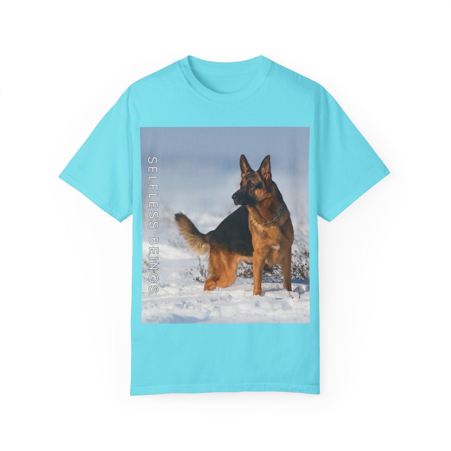 Unisex Dog Lover T-Shirt With a Beautiful German Shepherd Looking at Side Standing on the Snow and Caption Selfless Beings