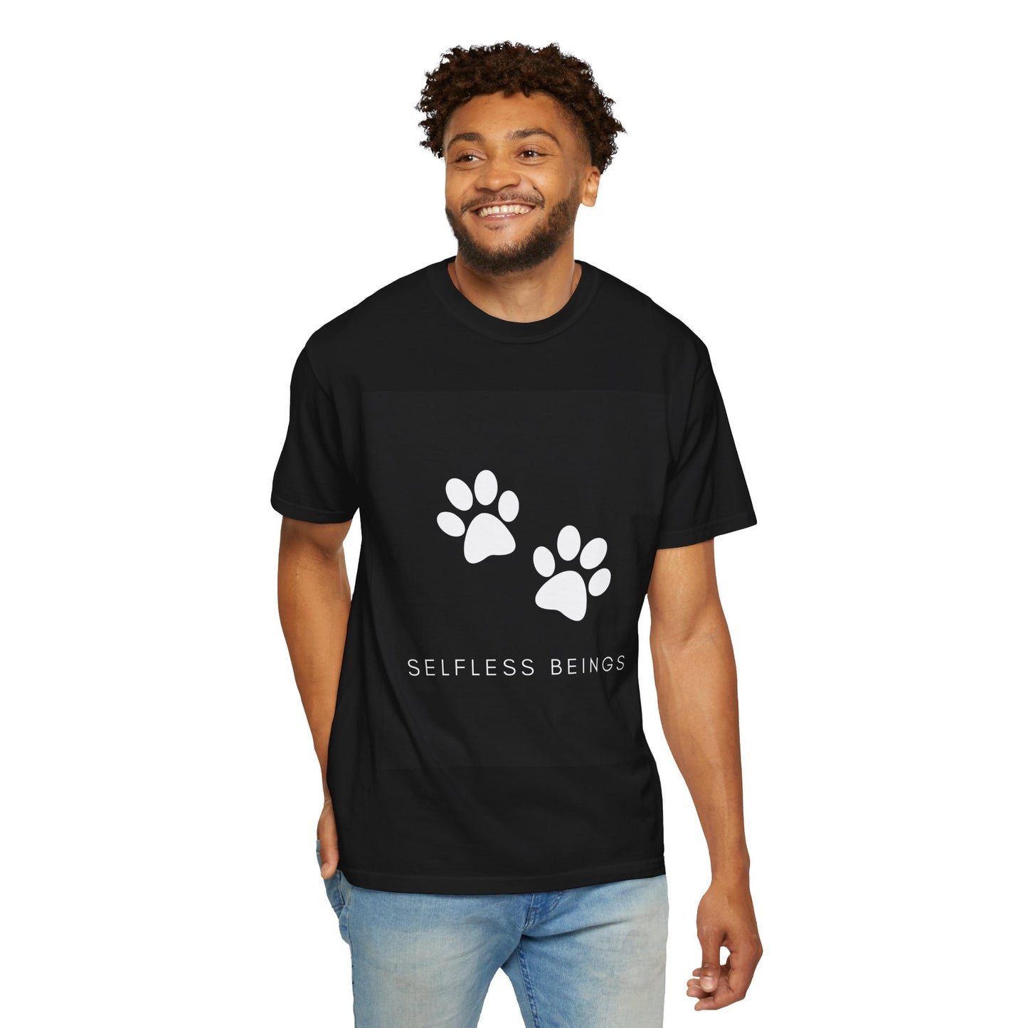 Unisex Dog Lover T-Shirt With White Dog Paw Prints and Caption Selfless Beings