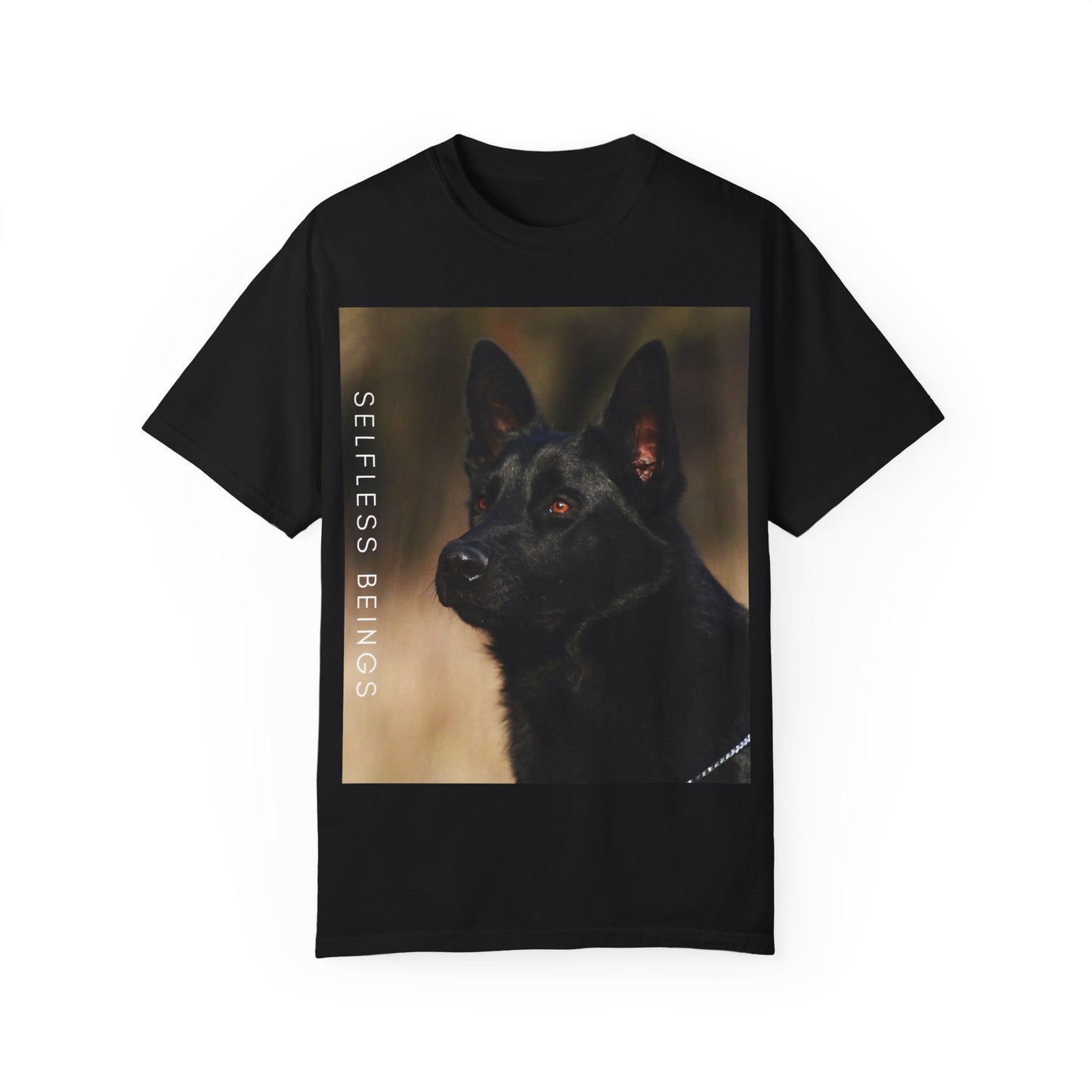 Unisex Dog Lover T-Shirt With Close Up of Serious Looking Solid Black German Shepherd and Caption Selfless Beings